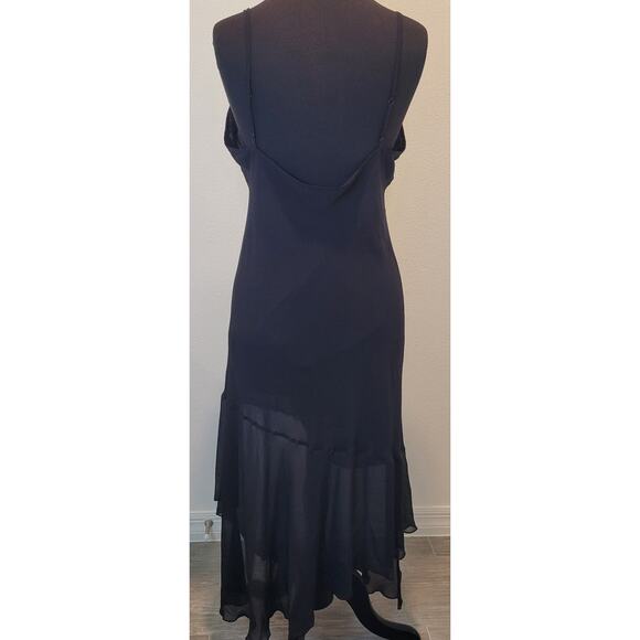 VTG California Dynasty Black Beaded Lace Chiffon Slip Dress L Asymmetrical Hem - Picture 4 of 10